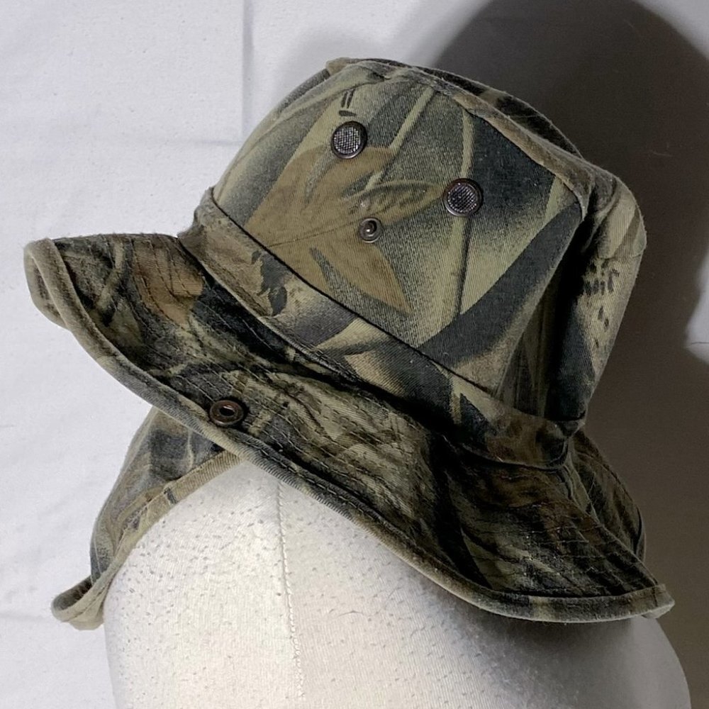 Vintage Country Leather Hard Woods Camo Booney Wanderer Bucket Hat W Neck Shield